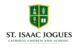 LLSRace - Logo of St. Isaac Jogues Catholic Church and School with a green and gold shield featuring a chapel, cross, chalice, and open book. - Love Like Sean Race