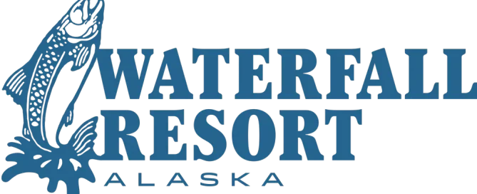LLSRace - Logo for Waterfall Resort Alaska, featuring a large fish leaping above the stylized text “WATERFALL RESORT ALASKA” in blue. - Love Like Sean Race