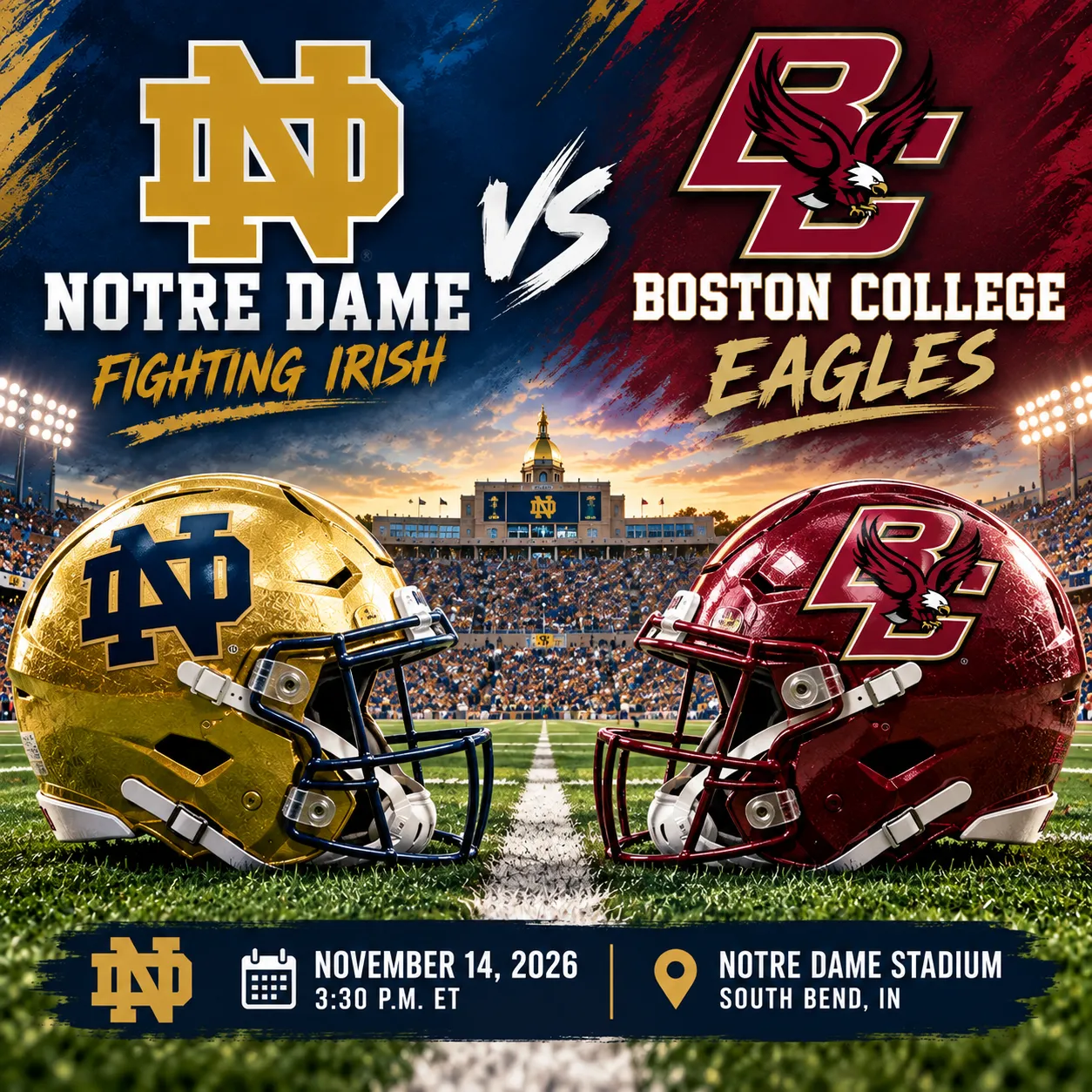 LLSRace – Notre Dame and Boston College football helmets face each other on a field, with game details listed below for November 14, 2026, at Notre Dame Stadium in South Bend, Indiana. – Love Like Sean Race LLSRace - Notre Dame and Boston College football helmets face each other on a field, with game details listed below for November 14, 2026, at Notre Dame Stadium in South Bend, Indiana. - Love Like Sean Race